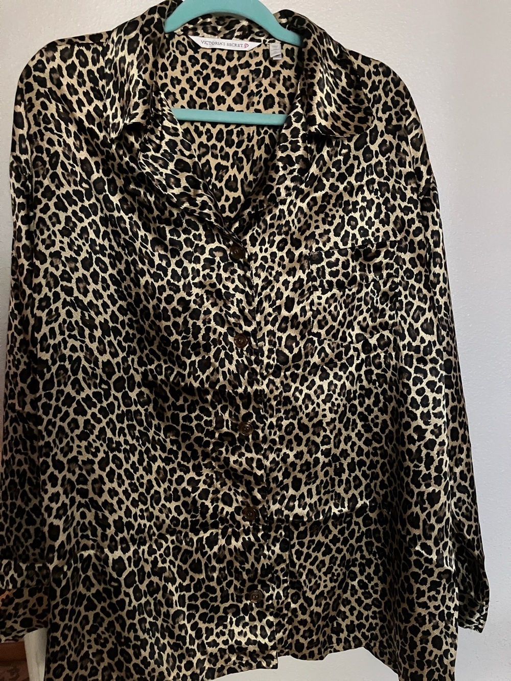 Victoria's Secret Leopard-Print Button Down Satin Sleep Lounge Shirt and Shorts